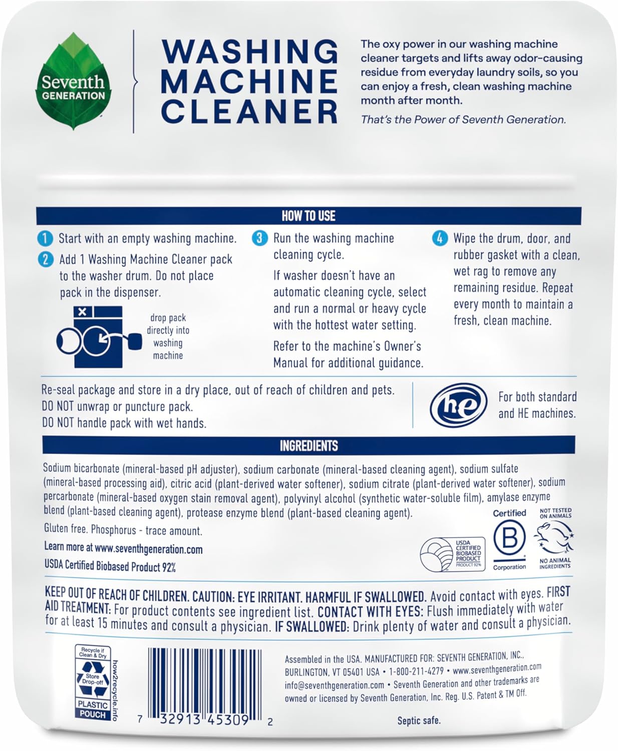 Seventh Generation Washing Machine Cleaner 6 Count Free & Clear Targets Odor-Causing Residue