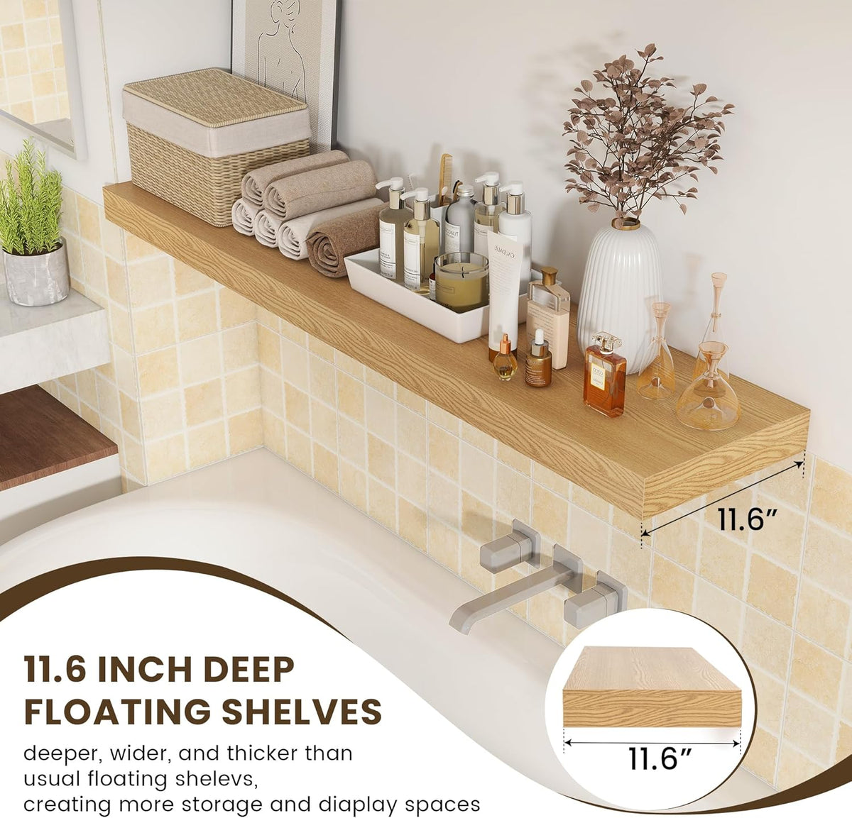 Deep Floating Shelves for Wall - 55 Inch Wide x 12 Inch Deep Wall Shelves Set of 1 - Rustic Oak