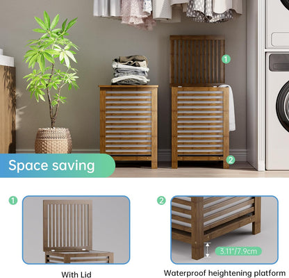 SMIBUY Double Laundry Hamper with Lid, 120L Bamboo Laundry Basket with Removable Liner Bag
