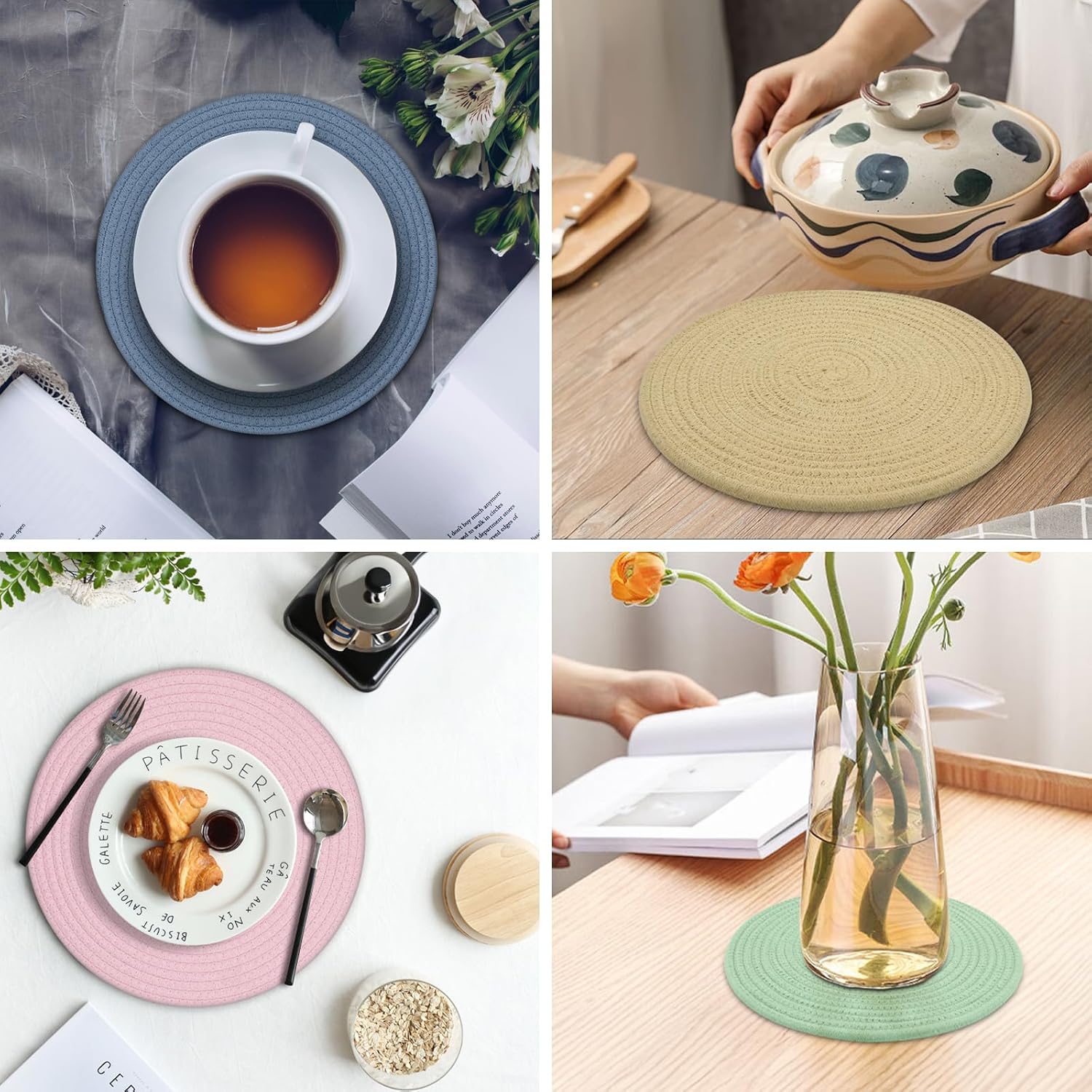 Round Placemats Set of 6, Cotton Rope Woven Table Mats, Hot Pads for Kitchen, Non Slip Heat