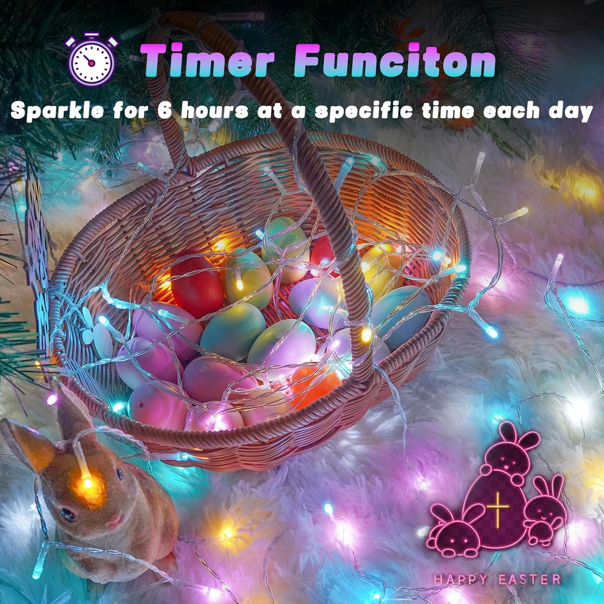 Easter Lights Battery Operated Fairy Lights, 2 Pack 33FT 100LED Multicolor easter String Lights, 8