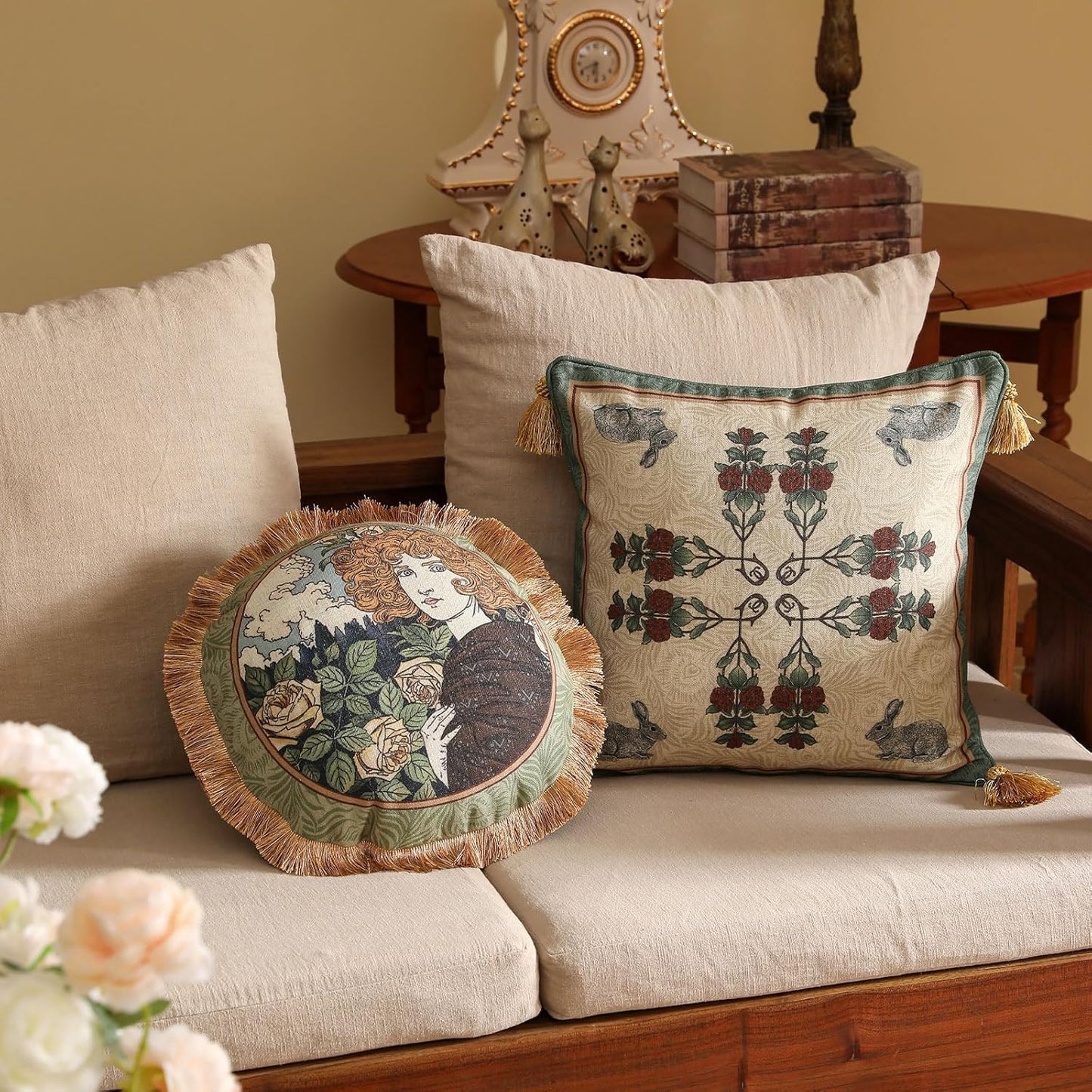 patdrea Designer Throw Pillow Covers Set of 4,French Elegant Green Linen with Rose Collection