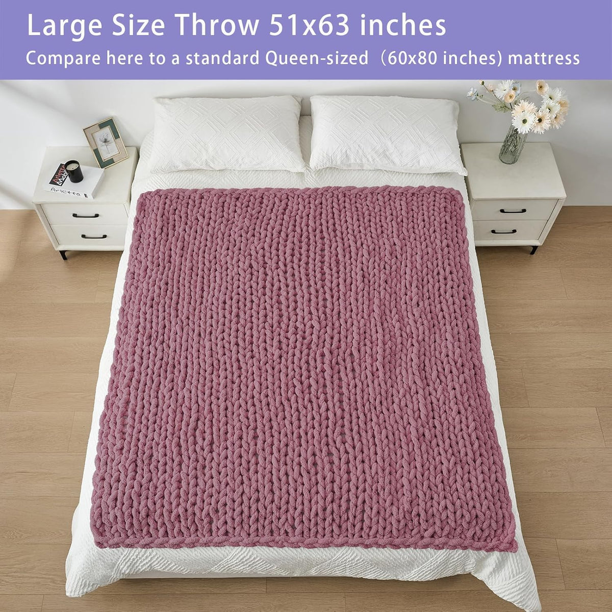 Bigacogo Chunky Knit Throw Blanket for Couch, 51x63 inches, 100% Hand Knitted with Thick Jumbo