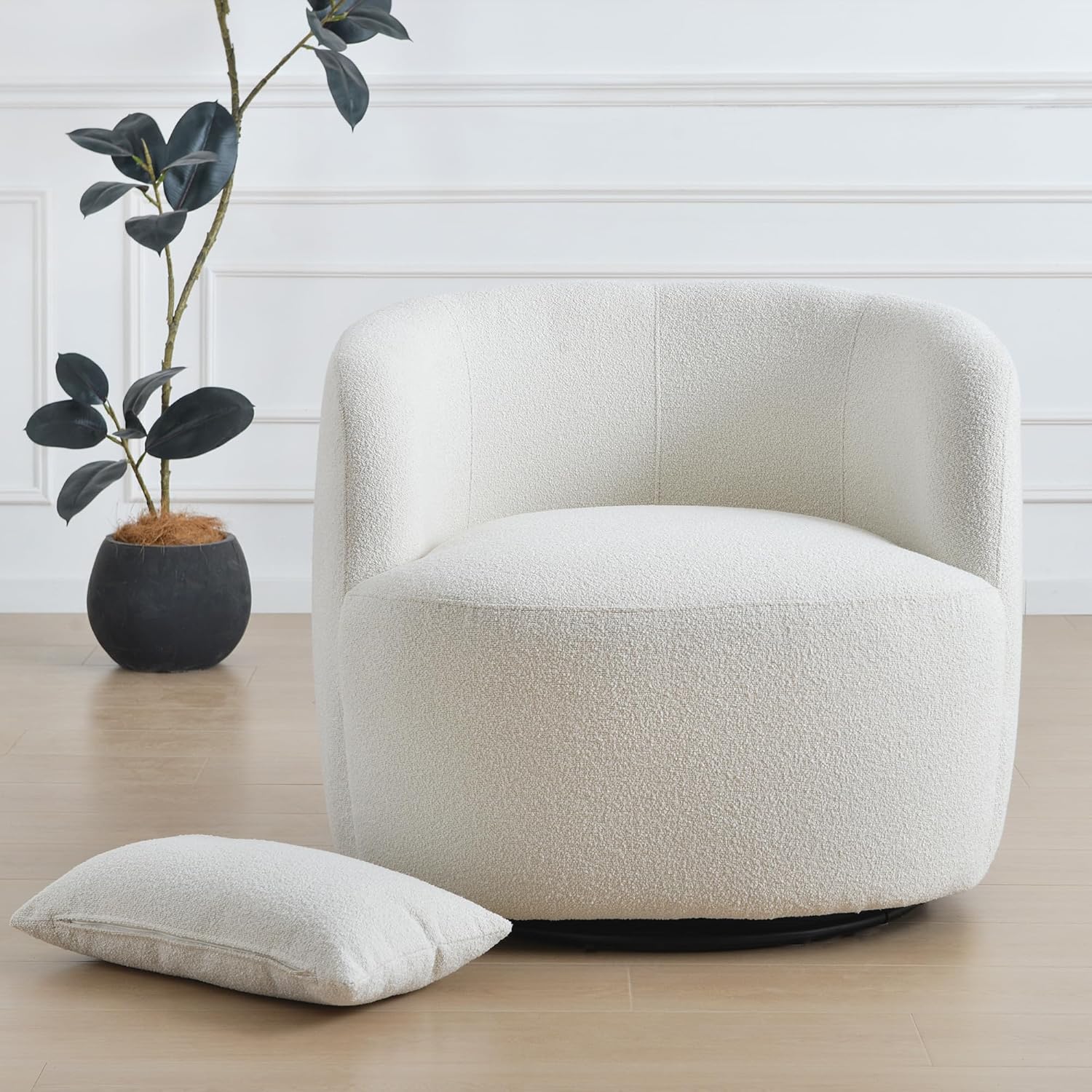 KINWELL 34" Wide Sherpa Swivel Barrel Chair, No Assembly Round Boucle Upholstered Accent Chair