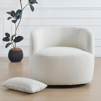 KINWELL 34" Wide Sherpa Swivel Barrel Chair, No Assembly Round Boucle Upholstered Accent Chair