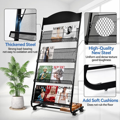 Floor-Standing Magazine Rack, 4-Layer Brochure Display Stand Tiered Design Magazine Stand