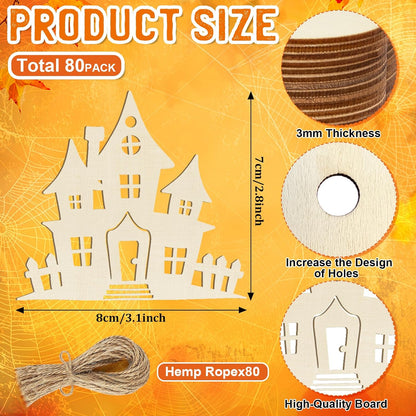 80PCS Wooden Halloween Ornaments to Paint Fall Decorations,10 Styles DIY Blank Autumn Unfinished