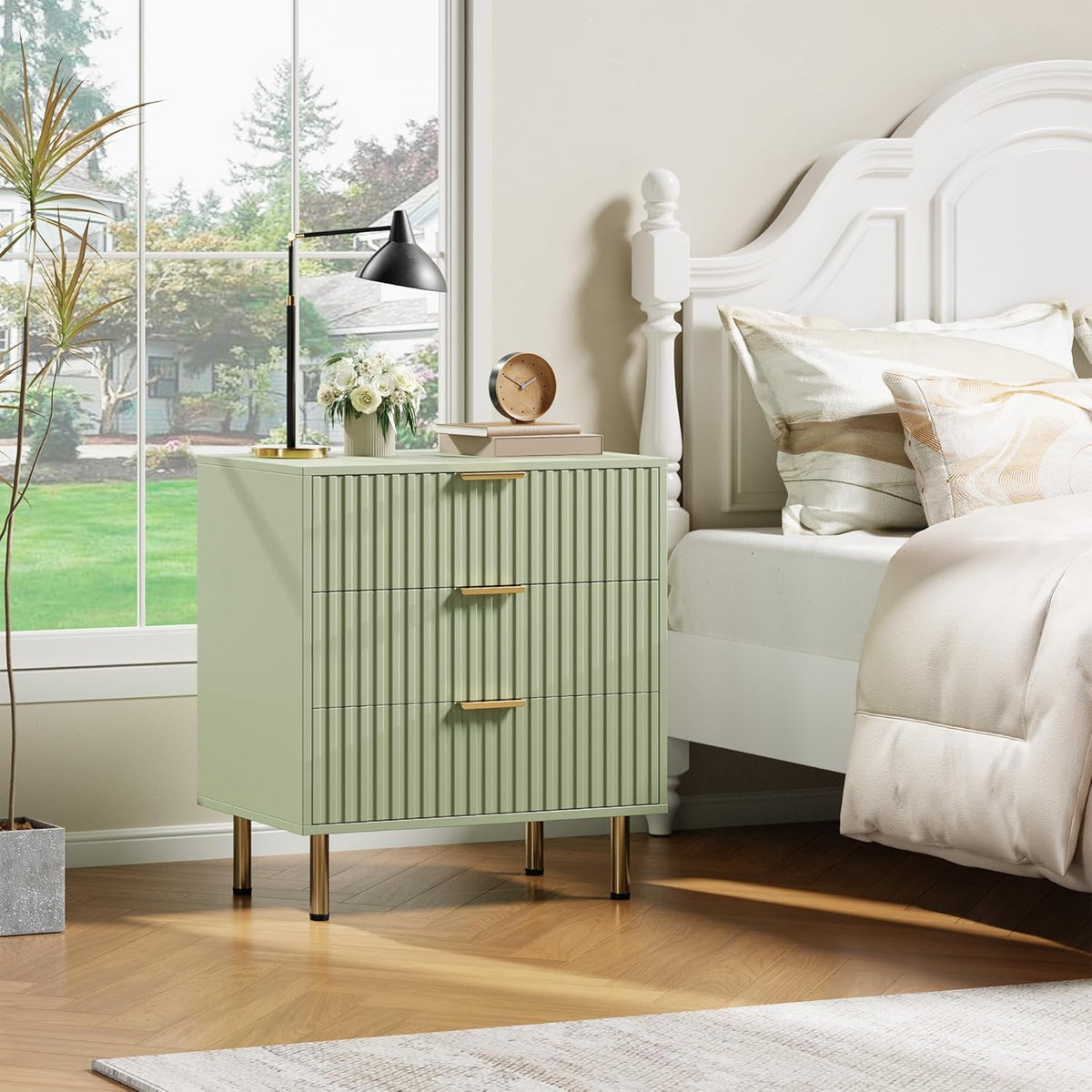 Green 3 Drawer Dresser for Bedroom, Fluted Modern Nightstand with Deep Drawers, Chest of Drawers