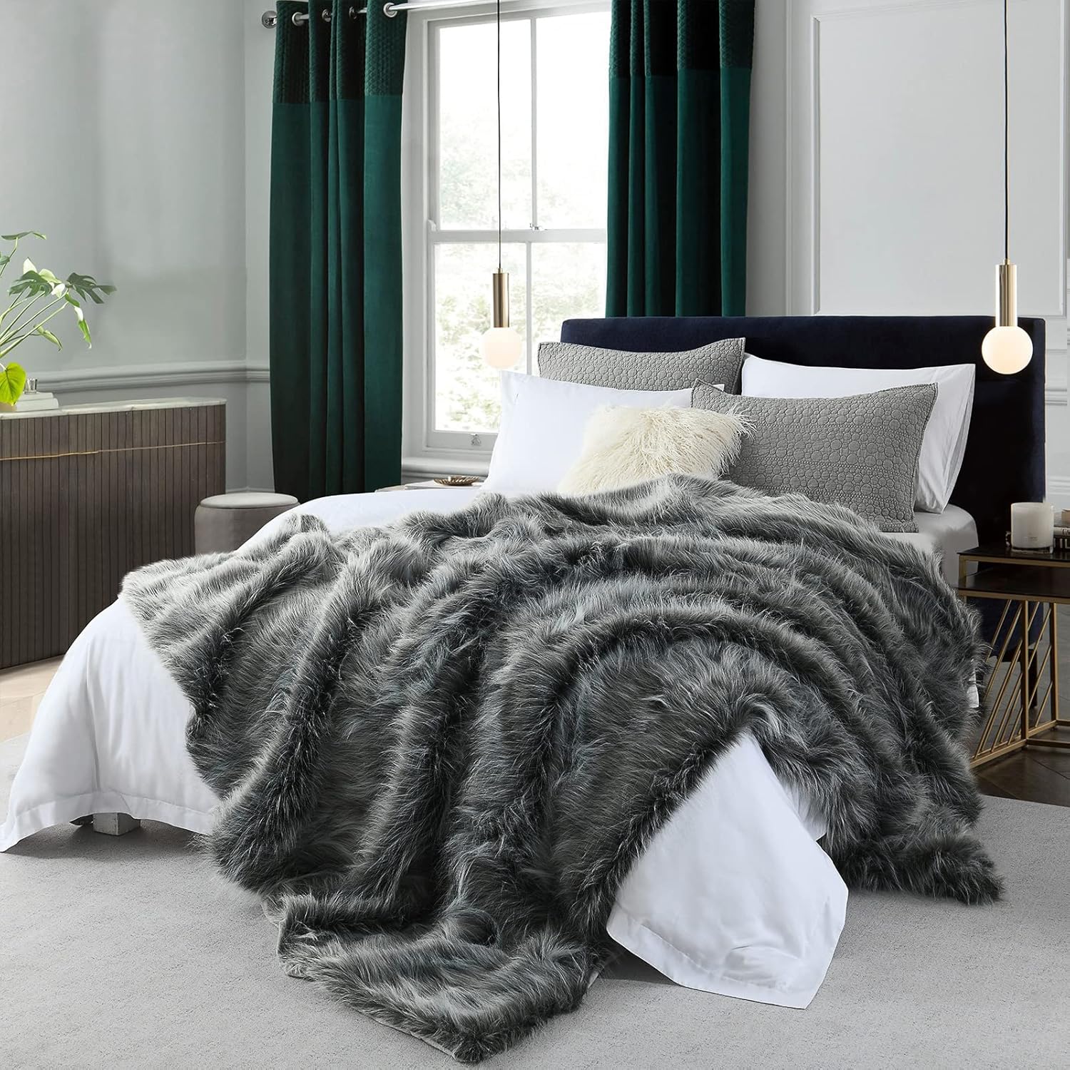 Luxury Faux Fur Blanket King Size, Ultra Big Grey and Black High Pile Mixed Faux Fur Throw Blanket