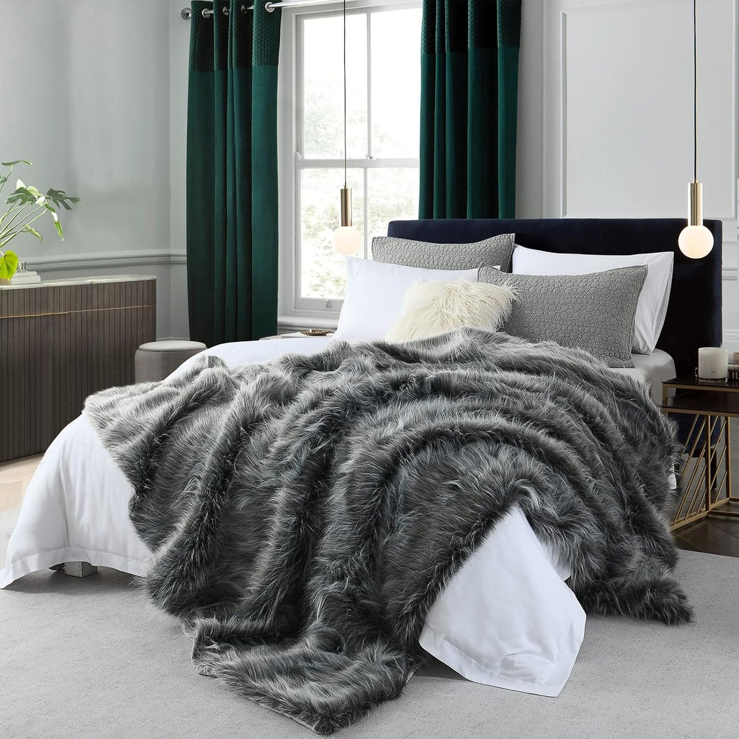 Luxury Faux Fur Blanket Queen Size, Ultra Big Grey and Black High Pile Mixed Faux Fur Throw