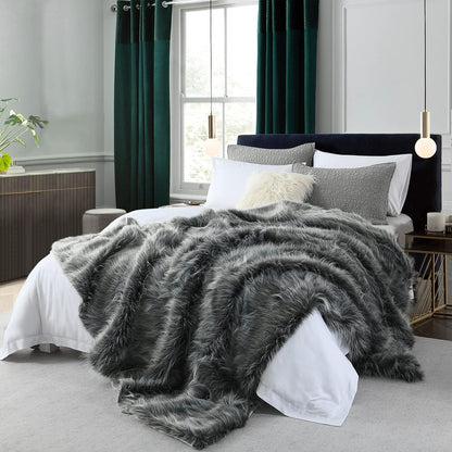 Luxury Faux Fur Blanket Queen Size, Ultra Big Grey and Black High Pile Mixed Faux Fur Throw