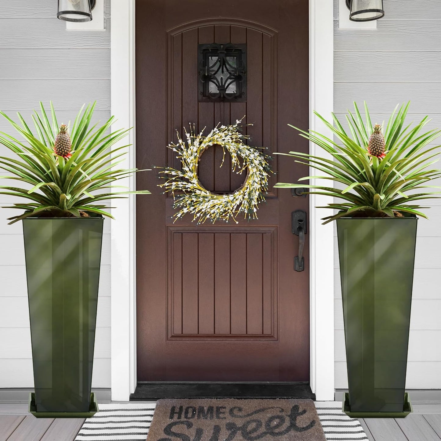 KOL 28''H. Tall Metal Planter with Saucer, Galvanized Steel Glazed Planter Pots with Drainage Hole