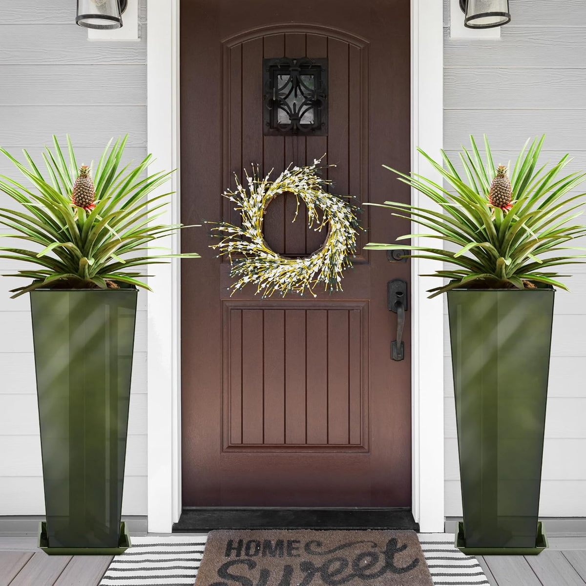 KOL 28''H. Tall Metal Planter with Saucer, Galvanized Steel Glazed Planter Pots with Drainage Hole