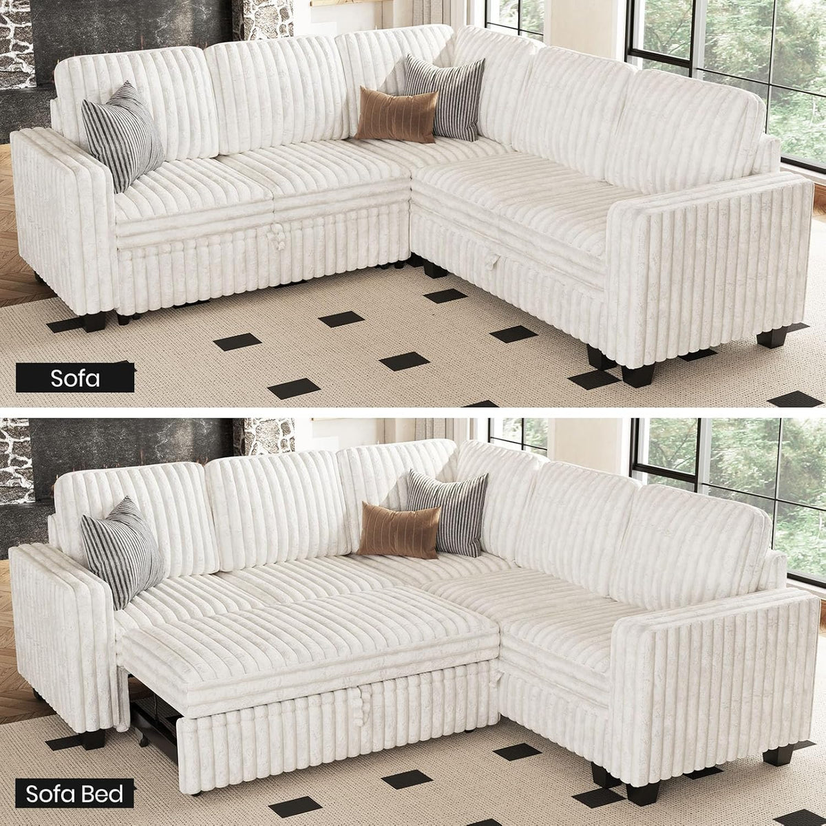 Belffin Plush Corduroy Modular Sectional Sofa with Pull Out Bed Convertible Small Sectional Corner