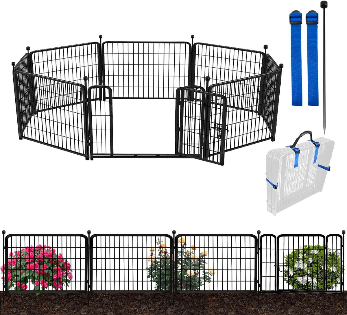 ADAVIN Garden Fencing 24 Inch High, Low Threshold Gate, 8 Panels Total 19.7 Ft(L), Temporary Fences
