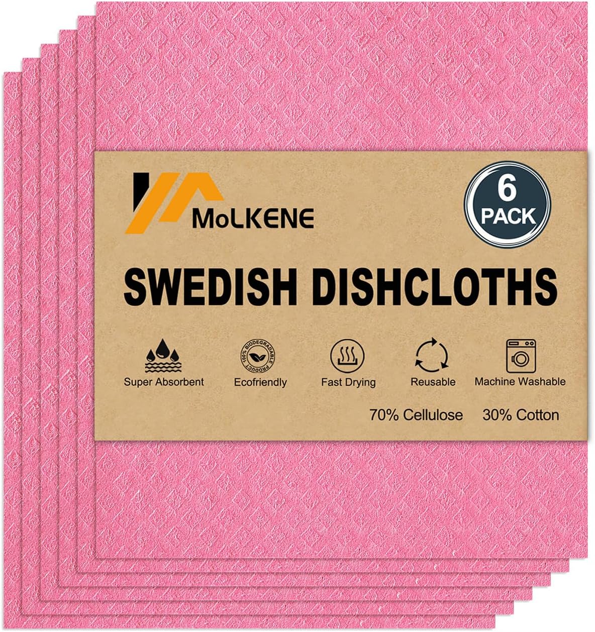 Swedish Dishcloths for Kitchen | 6 Pack Absorbent Cellulose Sponge Cloths Washable | Non-Scratch