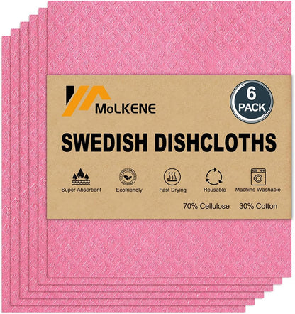 Swedish Dishcloths for Kitchen | 6 Pack Absorbent Cellulose Sponge Cloths Washable | Non-Scratch
