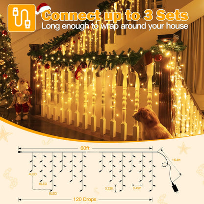 Ollny Icicle Lights for Outside 720LED 60FT, Warm White Christmas Lights with Remote 8 Modes