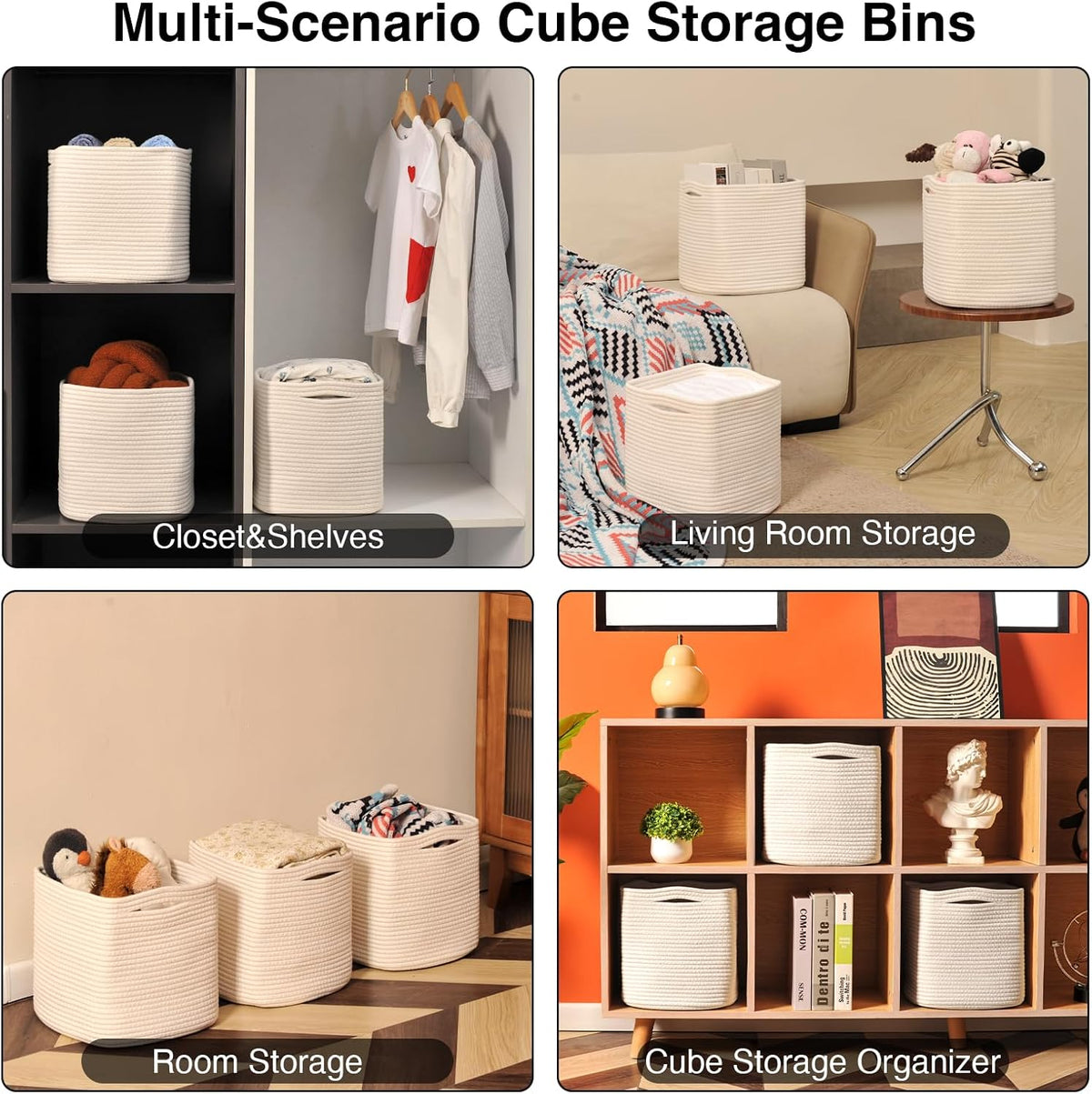 11 Inch Cube Storage Bins, Organizer Bins, Woven Cotton Rope Baskets for Storage, Storage Baskets