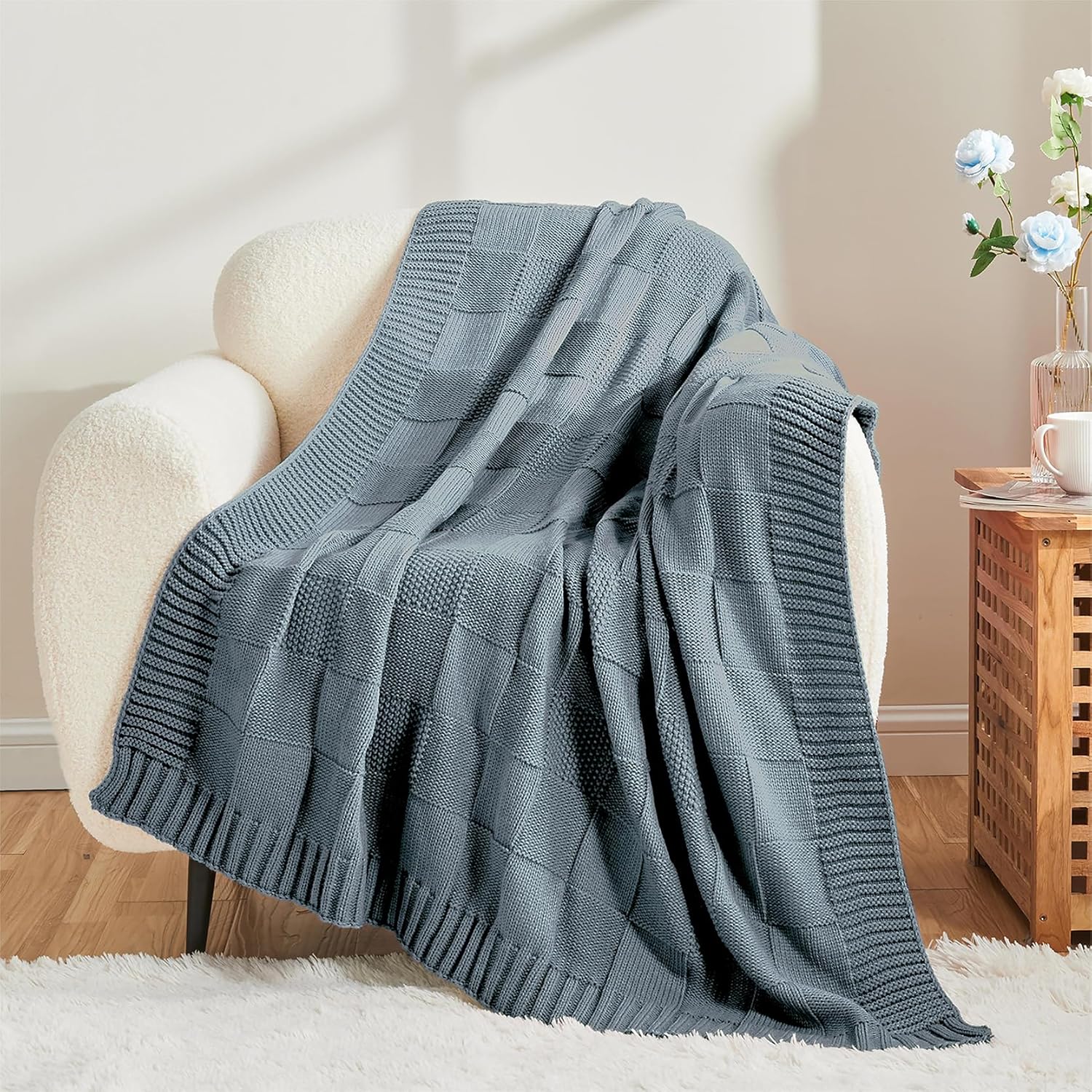 CozeCube Check Knit Throw Blanket, Dusty Blue Checkered Throw for Couch, Decorative Christmas Soft
