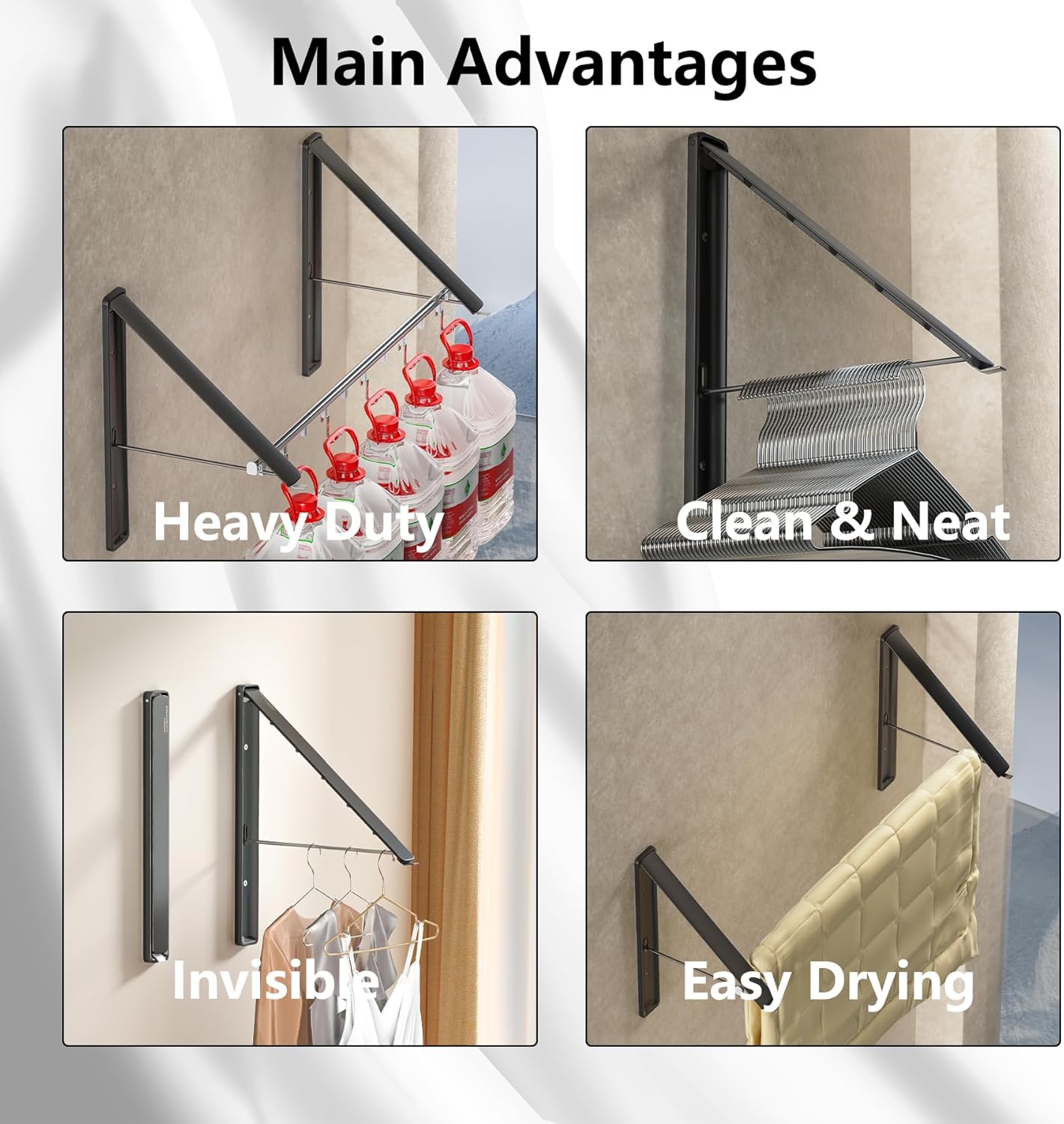 Dr.DJ Clothes Drying Rack with Rod, Wall-Mounted Retractable & Foldable Clothes Hanger for Laundry