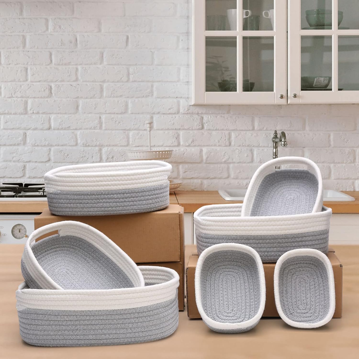 7 Piece Cotton Rope Woven Basket Set - Small Basket for Baby Nursery, Pets, Montessori, Dog & Cat