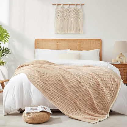 Snuggle Sac Beige Waffle Bedding Blankets Queen Size 90x90 inches, Reversible Microfiber Fluffy