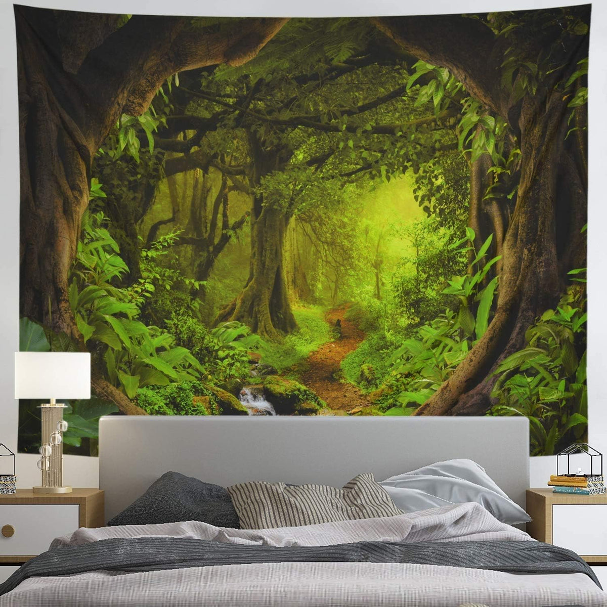 Tushelia Forest Nature Tapestry - Tree Cave Wall Hanging, Misty Forest Stream Through Rainforest