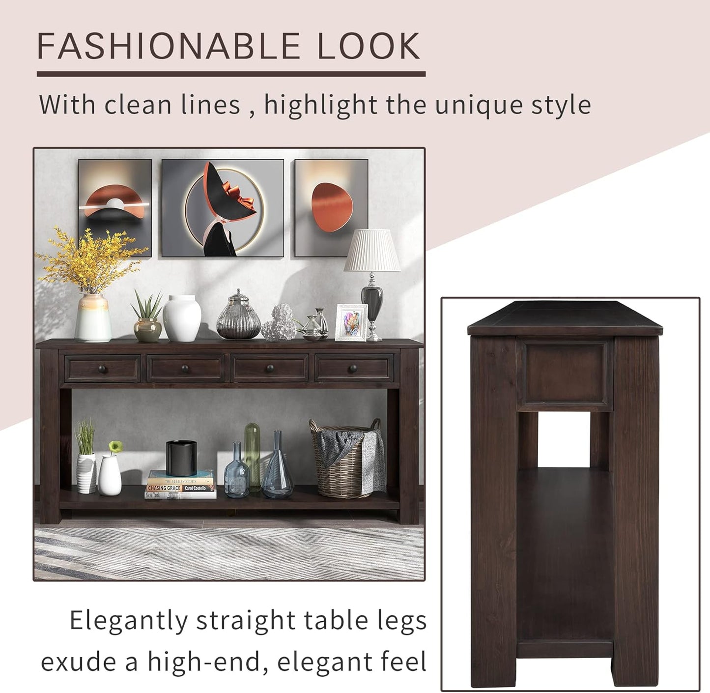 63" Solid Wood Console Table Sofa Table with Storage Drawers and Bottom Shelf,Farmhouse Entryway