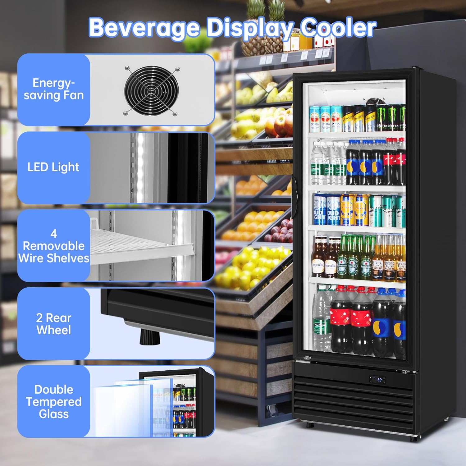 Commercial Beverage Refrigerator, 24.5 Inch 15 Cu. Ft. Drink Fridge, Display Refrigerator with