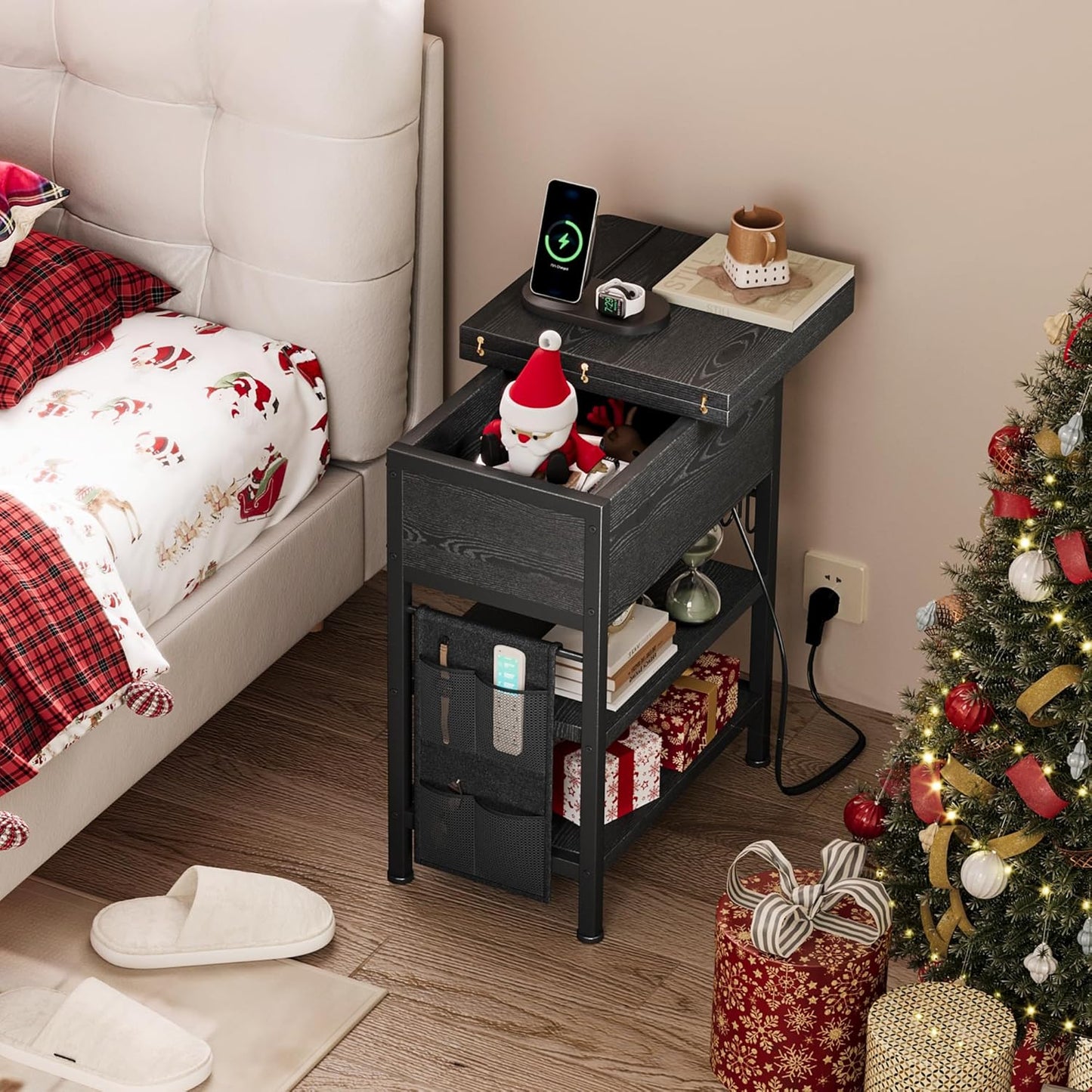 End Table with Charging Station, Flip Top Nightstand with USB Ports and Outlets,Couch Side Table