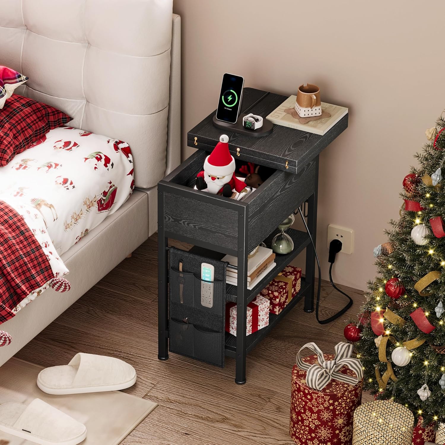 End Table with Charging Station, Flip Top Nightstand with USB Ports and Outlets,Couch Side Table