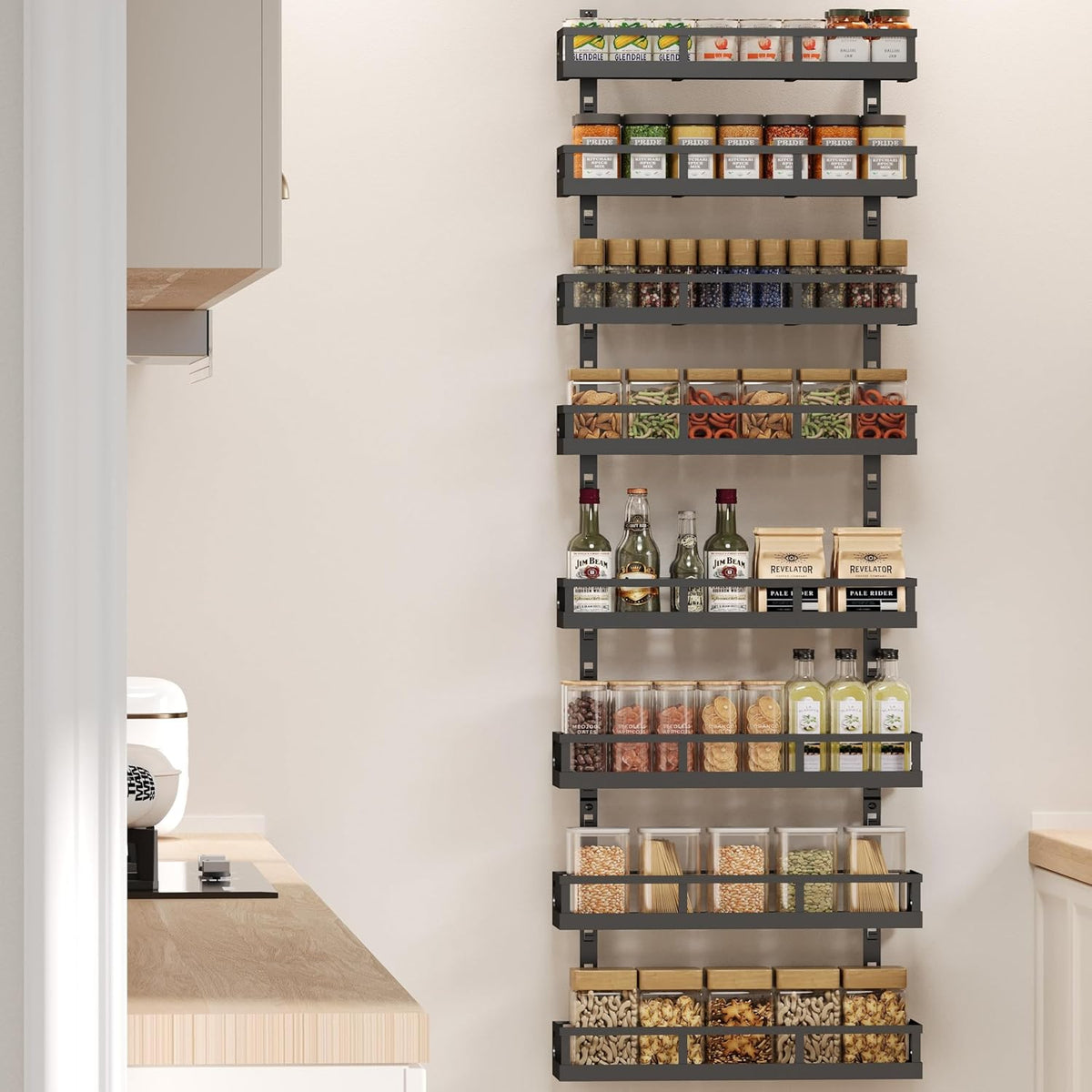X-cosrack 8-Tier Adjustable Spice Rack – Wall-Mounted Space-Saving Organizer with Mixed Baskets