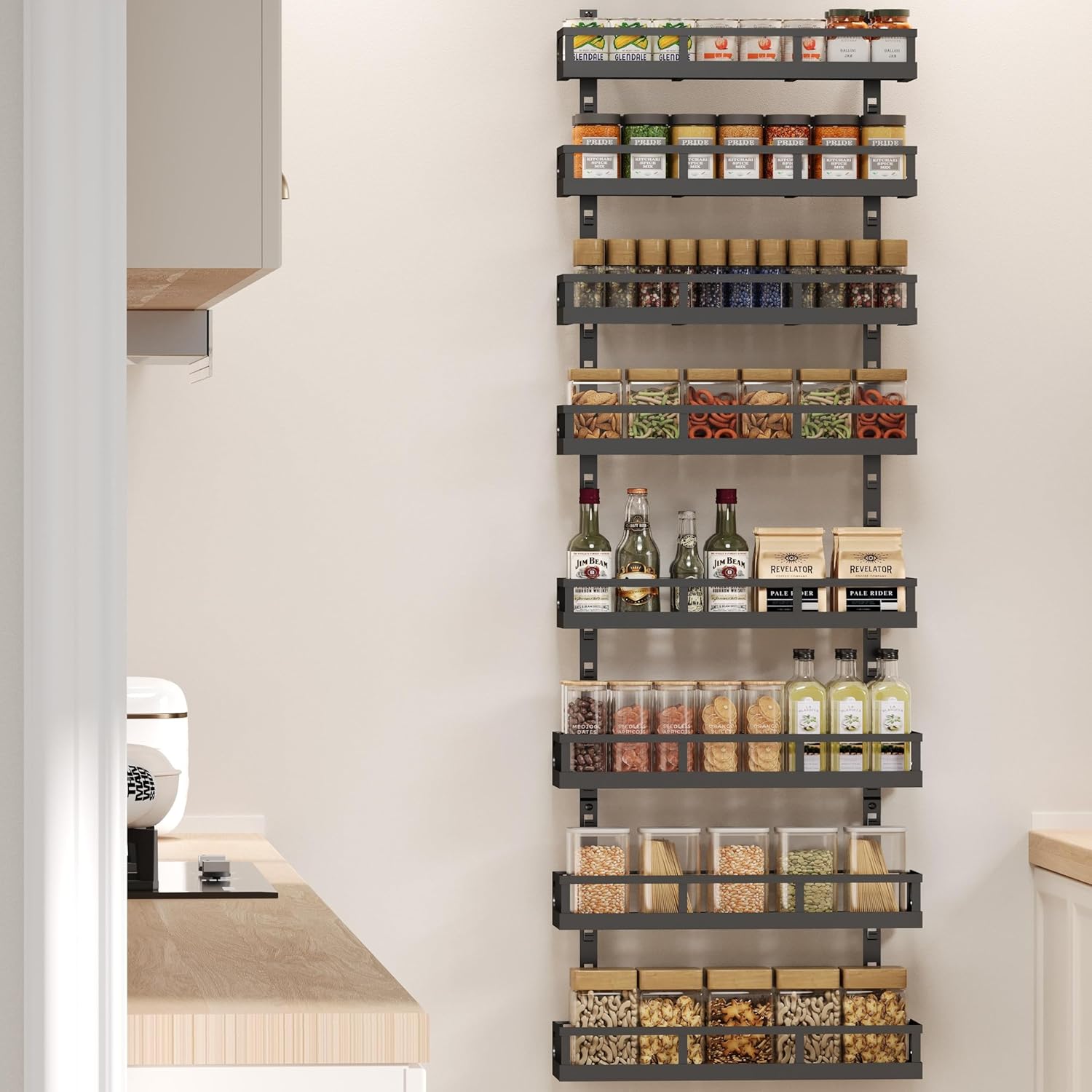 X-cosrack 8-Tier Adjustable Spice Rack – Wall-Mounted Space-Saving Organizer with Mixed Baskets