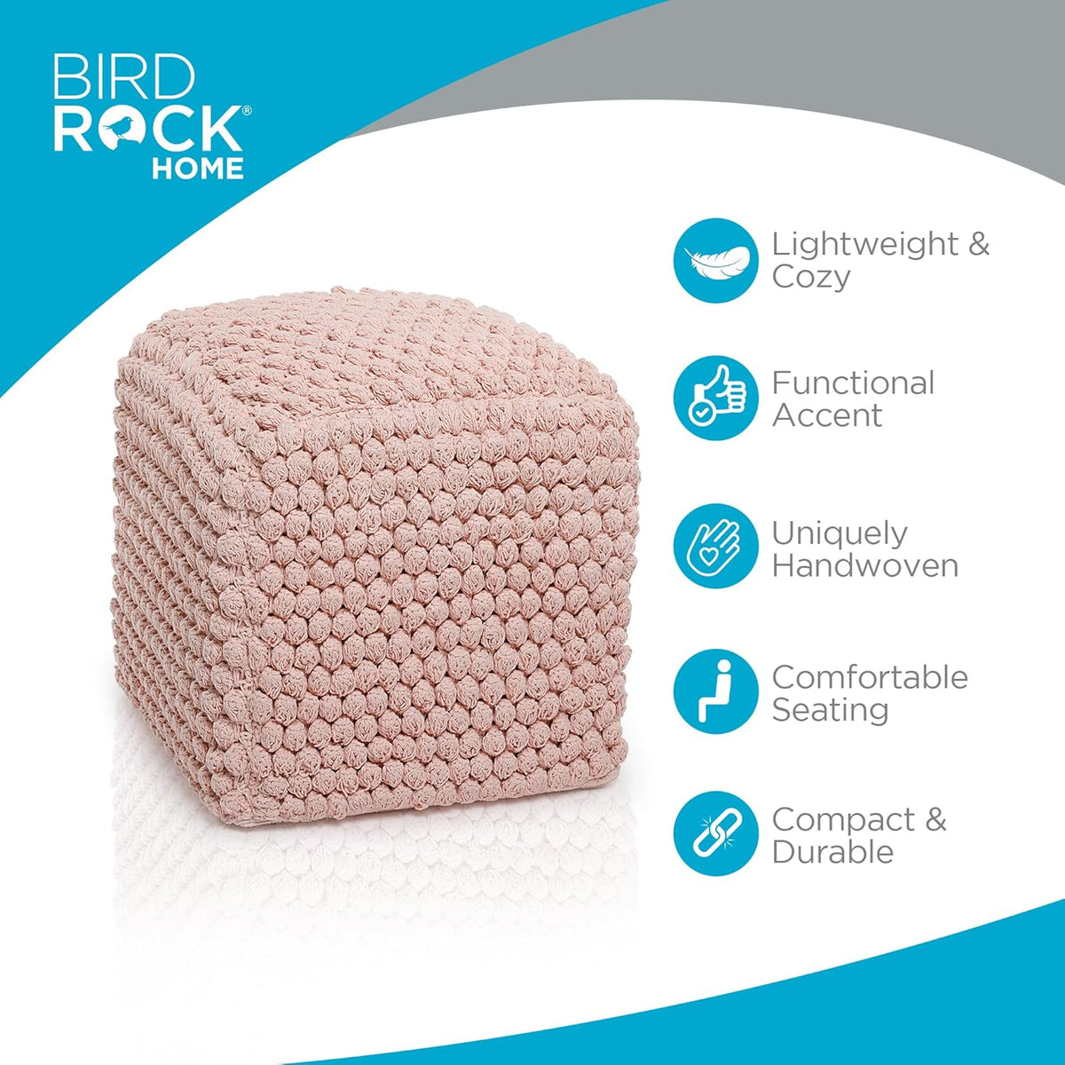BIRDROCK HOME Buds Pouf Foot Stool Ottoman - Knit Bean Bag Floor Chair - Cotton Braided Cord
