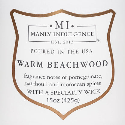 Manly Indulgence Warm Beachwood Scented Candles for Men, 15 oz Wooden Wick, Premium Soy Blend Wax