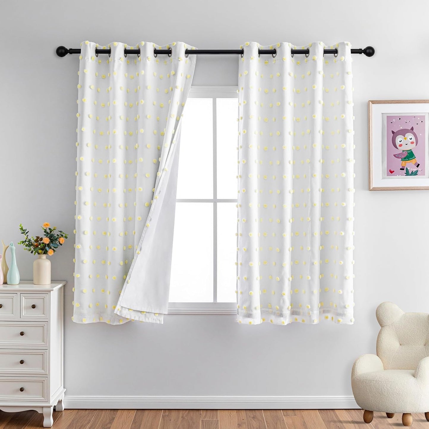 MYSKY HOME 100% Blackout Curtains for Nursery Thermal Insulated Yellow Pom Pom Curtains 63 Inch