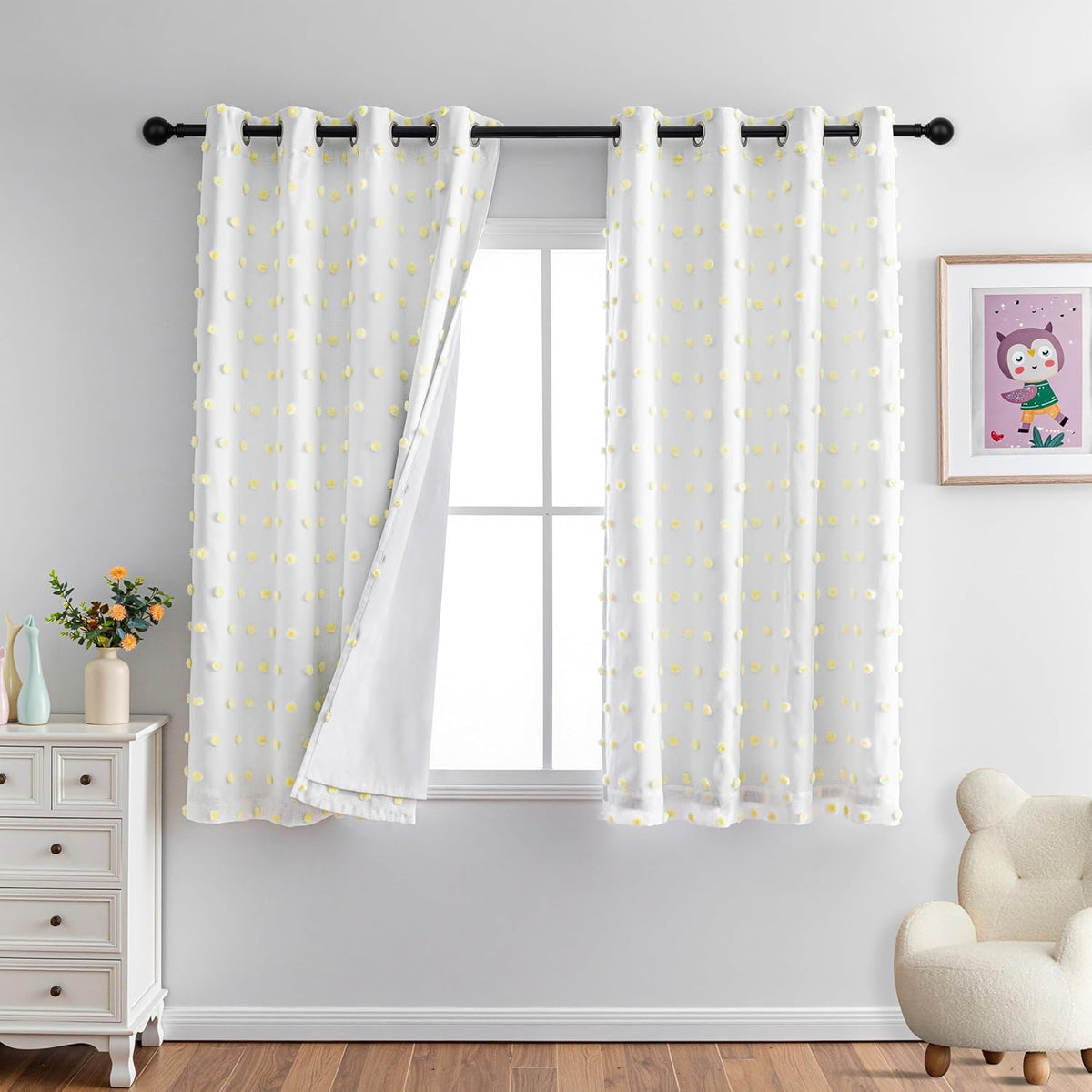 MYSKY HOME 100% Blackout Curtains for Nursery Thermal Insulated Yellow Pom Pom Curtains 63 Inch
