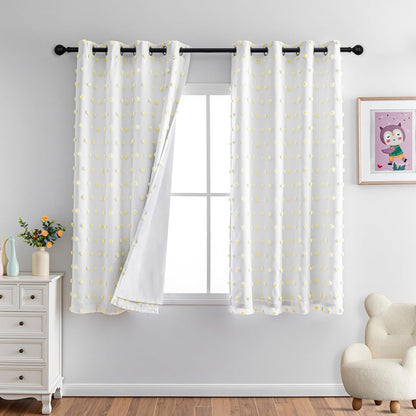 MYSKY HOME 100% Blackout Curtains for Nursery Thermal Insulated Yellow Pom Pom Curtains 63 Inch