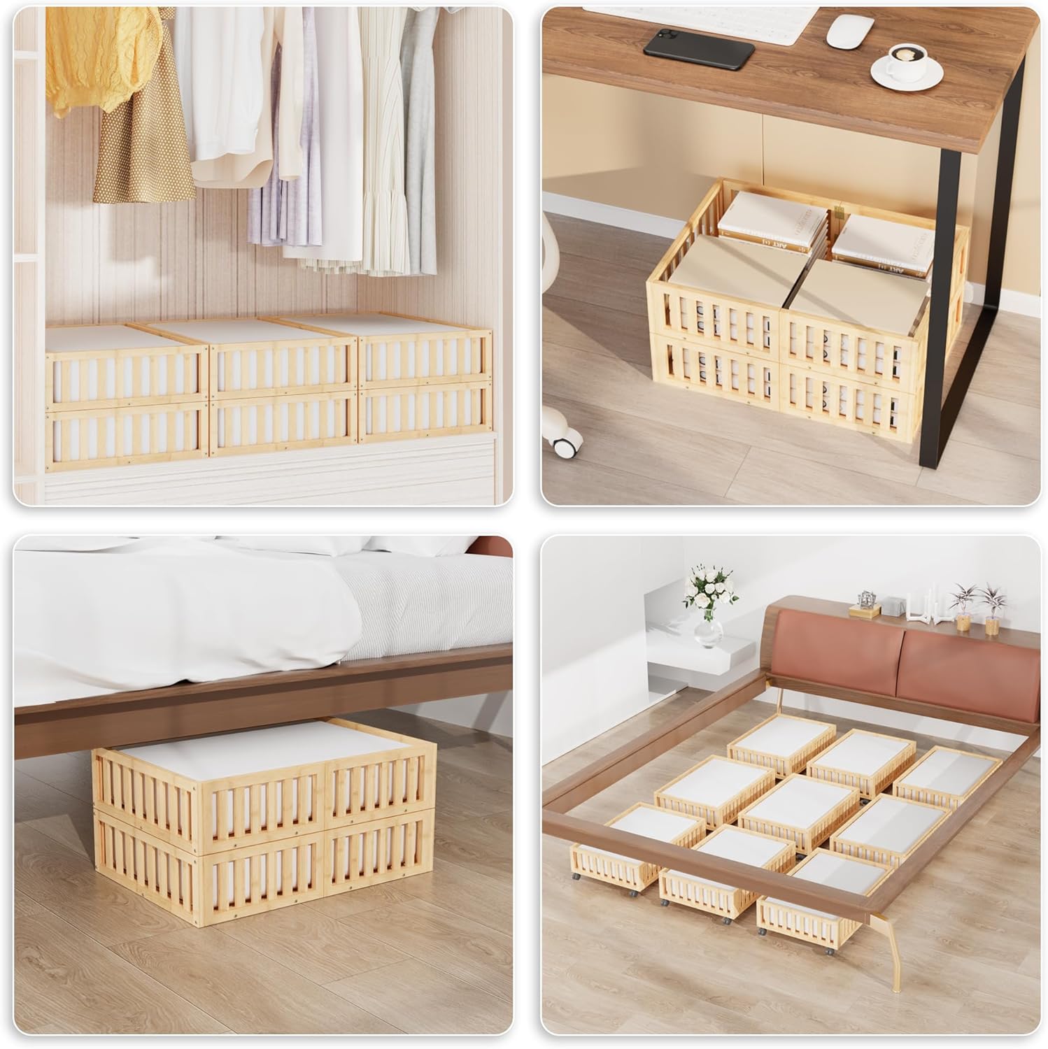 Bamboo Under Bed Storage with Wheels (2-Pack) – Rolling Underbed Shoe Organizer Box for Shoes