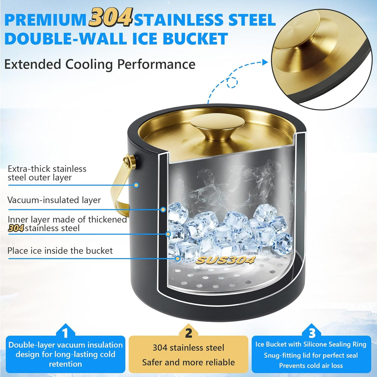 Ice Bucket, Ice Bucket with Silicone Sealing Ring Double-Wall Vacuum Insulation Champagne Buckets