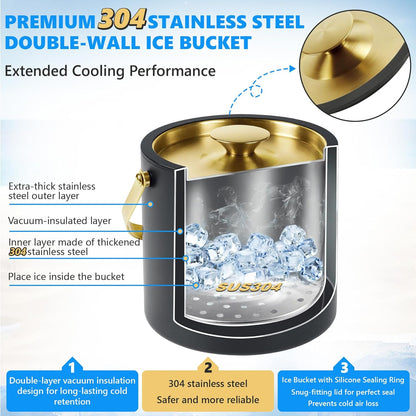 Ice Bucket, Ice Bucket with Silicone Sealing Ring Double-Wall Vacuum Insulation Champagne Buckets