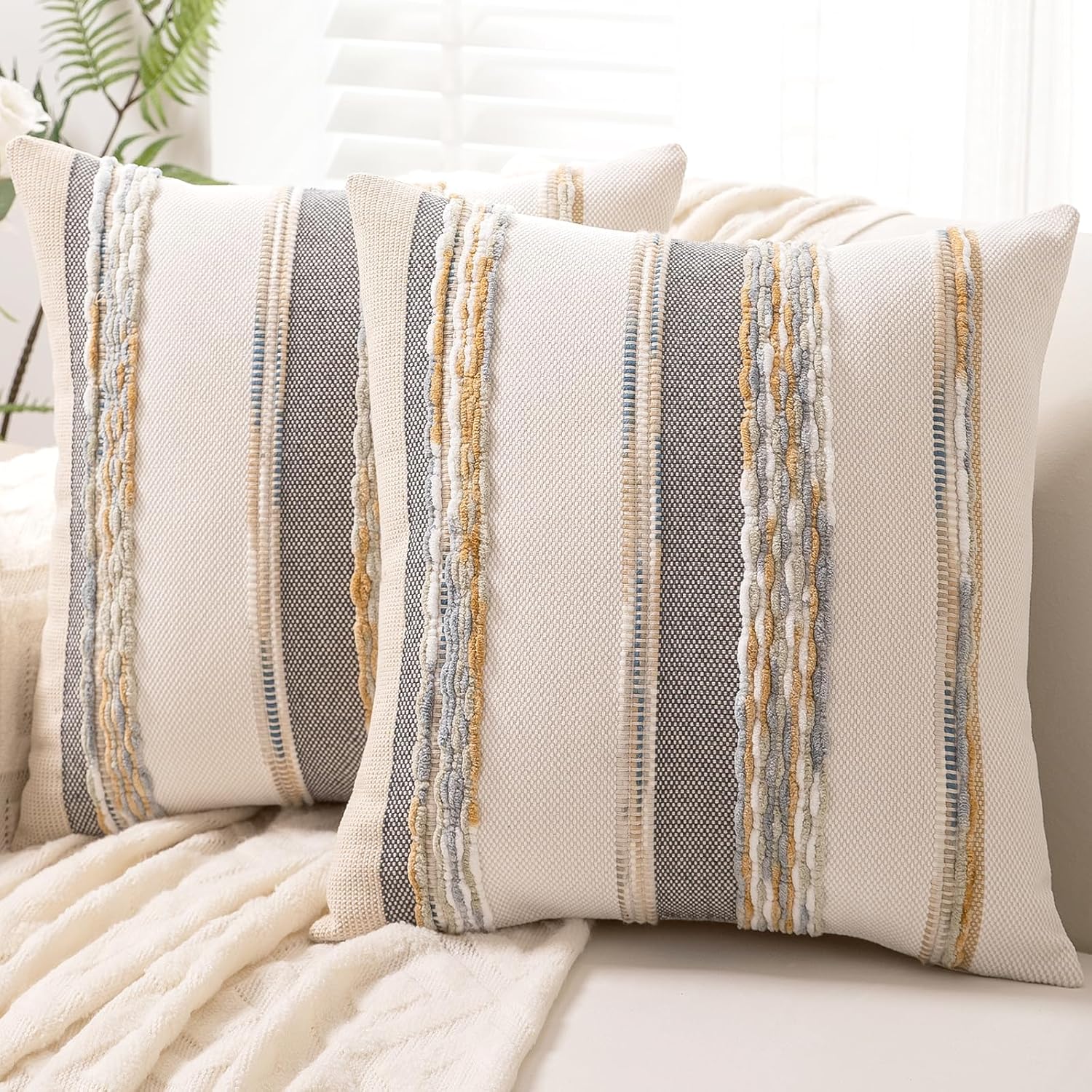Boho Throw Pillow Covers 18x18 Set of 2 Farmhouse Decorative Cushion Case Striped Square Pillows
