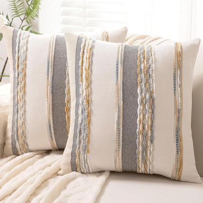 Boho Throw Pillow Covers 18x18 Set of 2 Farmhouse Decorative Cushion Case Striped Square Pillows