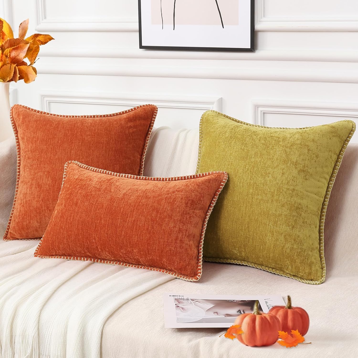 decorUhome Fall Chenille Soft Throw Pillow Covers 18x18 Set of 2, Farmhouse Velvet Neutral