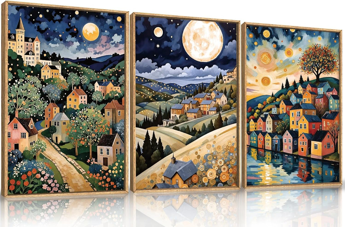 LHIUEM Large Abstract Colorful Framed Canvas Wall Art,Retro Night Village Wall Decor,Natural Moon