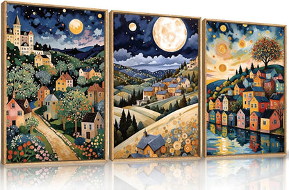 LHIUEM Large Abstract Colorful Framed Canvas Wall Art,Retro Night Village Wall Decor,Natural Moon