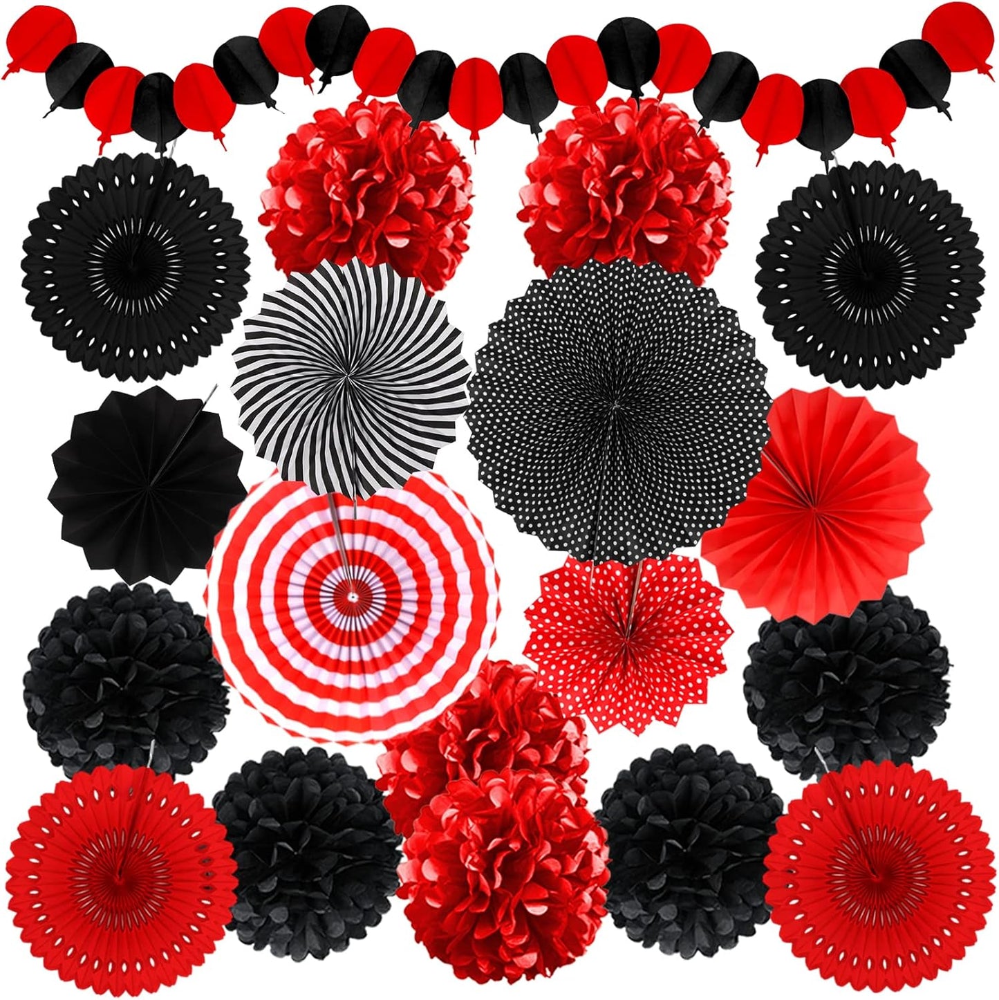 Red and Black Party Decorations, Papar Fans Pompoms Fans Garlands for Birthday Wedding Graduation