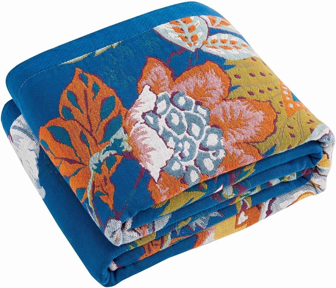 Boho Throw Blanket, Blue Lightweight Blankets for Summer, 100% Cotton Bohemian Decorative Throw
