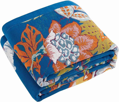 Boho Throw Blanket, Blue Lightweight Blankets for Summer, 100% Cotton Bohemian Decorative Throw